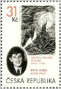 Czech postage stamp feauring a photo of Peter Ginz
and the painting he drew of the Eart viewed from the Moon